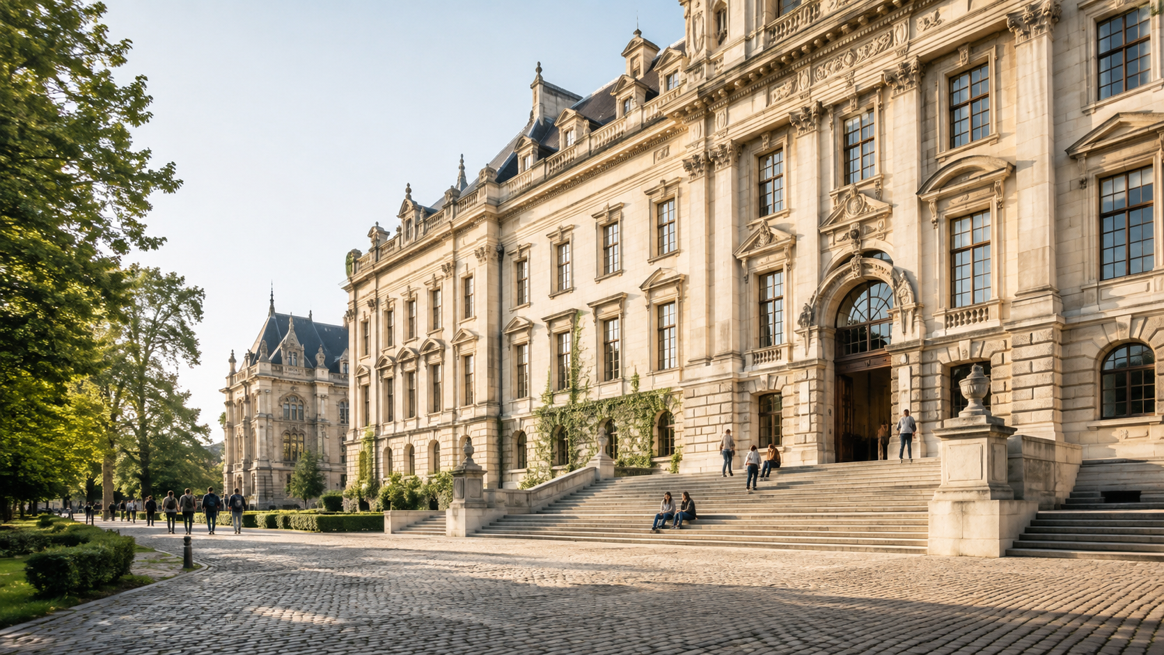 Historic university campus building with students